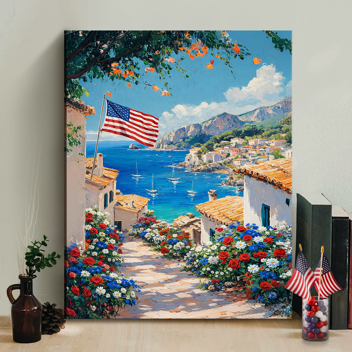 Patriotic Cottage Canvas Art, American Flag Wall Decor, Red White Blue Flowers Painting, Summer Country Home Vintage Landscape 6 Patriotic Cottage Canvas Art, American Flag Wall Decor, Red White Blue Flowers Painting, Summer Country Home Vintage Landscape