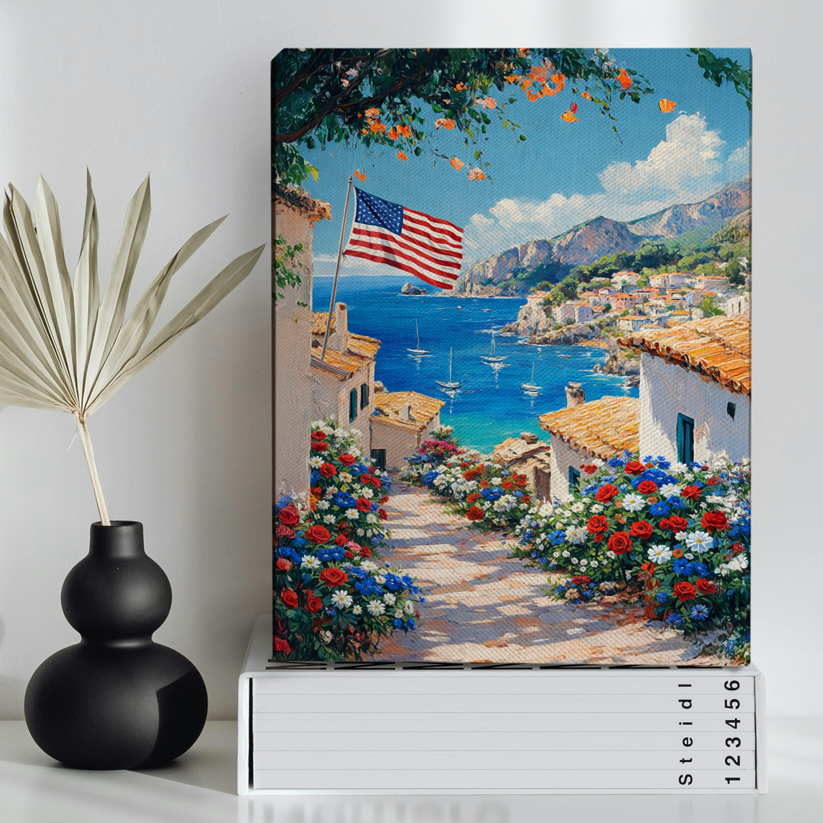 daisihome-patriotic-cottage-canvas-art-american-flag-wall-decor-red-white-blue-flowers-painting-summer-country-home-vintage-landscape-2 Patriotic Cottage Canvas Art, American Flag Wall Decor, Red White Blue Flowers Painting, Summer Country Home Vintage Landscape