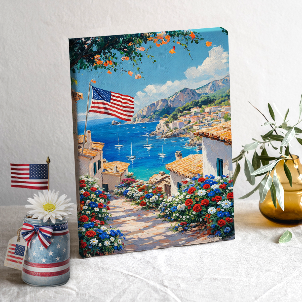 daisihome-patriotic-cottage-canvas-art-american-flag-wall-decor-red-white-blue-flowers-painting-summer-country-home-vintage-landscape-3 Patriotic Cottage Canvas Art, American Flag Wall Decor, Red White Blue Flowers Painting, Summer Country Home Vintage Landscape