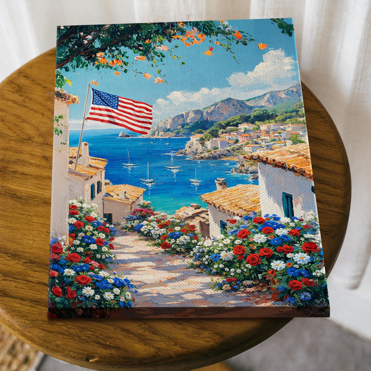 daisihome-patriotic-cottage-canvas-art-american-flag-wall-decor-red-white-blue-flowers-painting-summer-country-home-vintage-landscape-4 Patriotic Cottage Canvas Art, American Flag Wall Decor, Red White Blue Flowers Painting, Summer Country Home Vintage Landscape