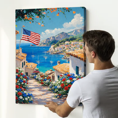 Patriotic Cottage Canvas Art, American Flag Wall Decor, Red White Blue Flowers Painting, Summer Country Home Vintage Landscape 5 Patriotic Cottage Canvas Art, American Flag Wall Decor, Red White Blue Flowers Painting, Summer Country Home Vintage Landscape