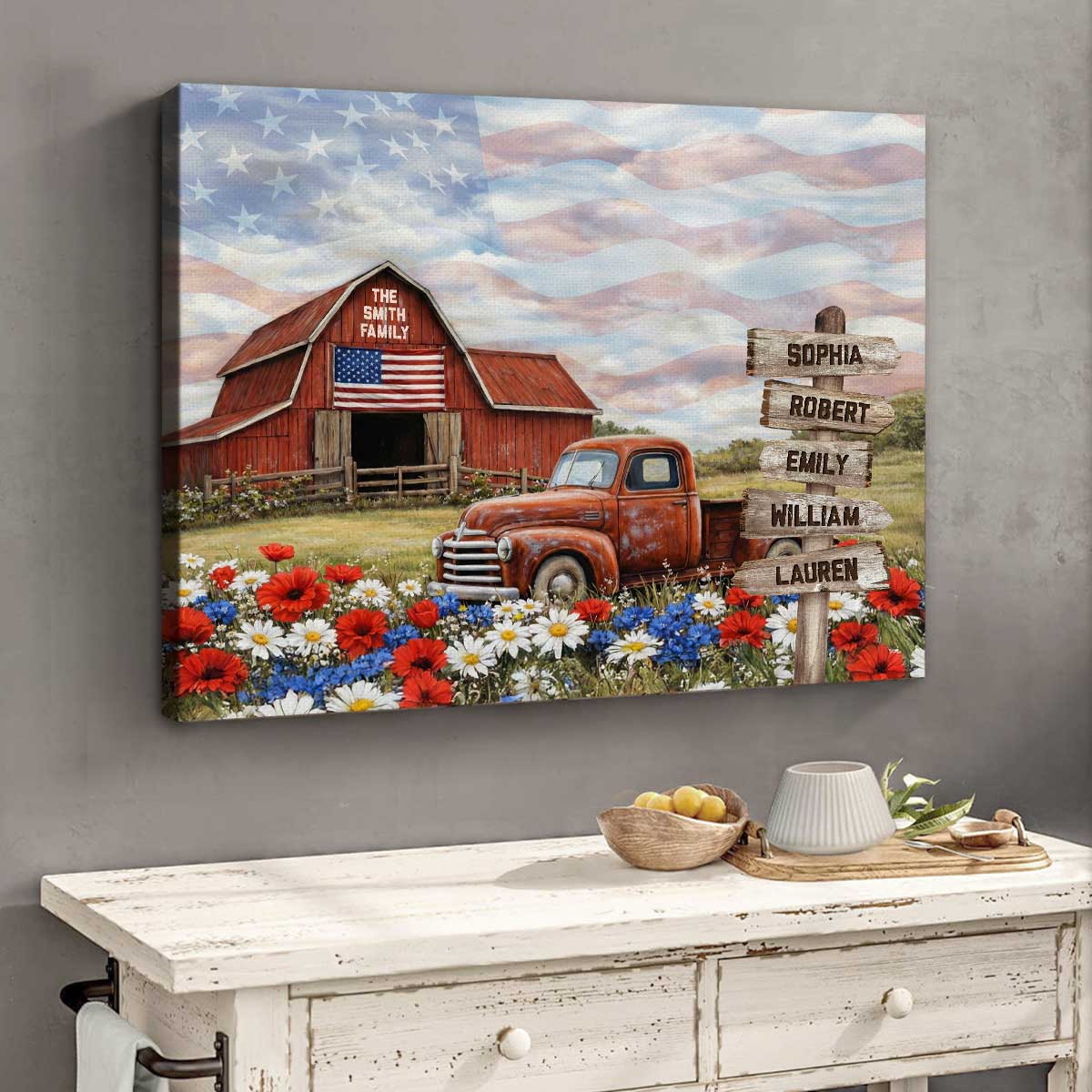 Personalized Patriotic Family Canvas, Rustic Patriotic Farmhouse Wall Art Print, 4th Of July Gift, Patriotic Home Decor