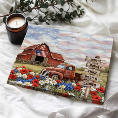 Personalized Patriotic Family Canvas, Rustic Patriotic Farmhouse Wall Art Print, 4th Of July Gift, Patriotic Home Decor