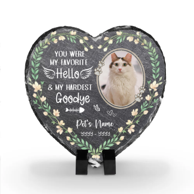 Custom Cat Photo Memorial Heart Stone - Pet Memorial Gift with floral design, personalized pet name and dates, garden cat memorial and pet grave marker keepsake.