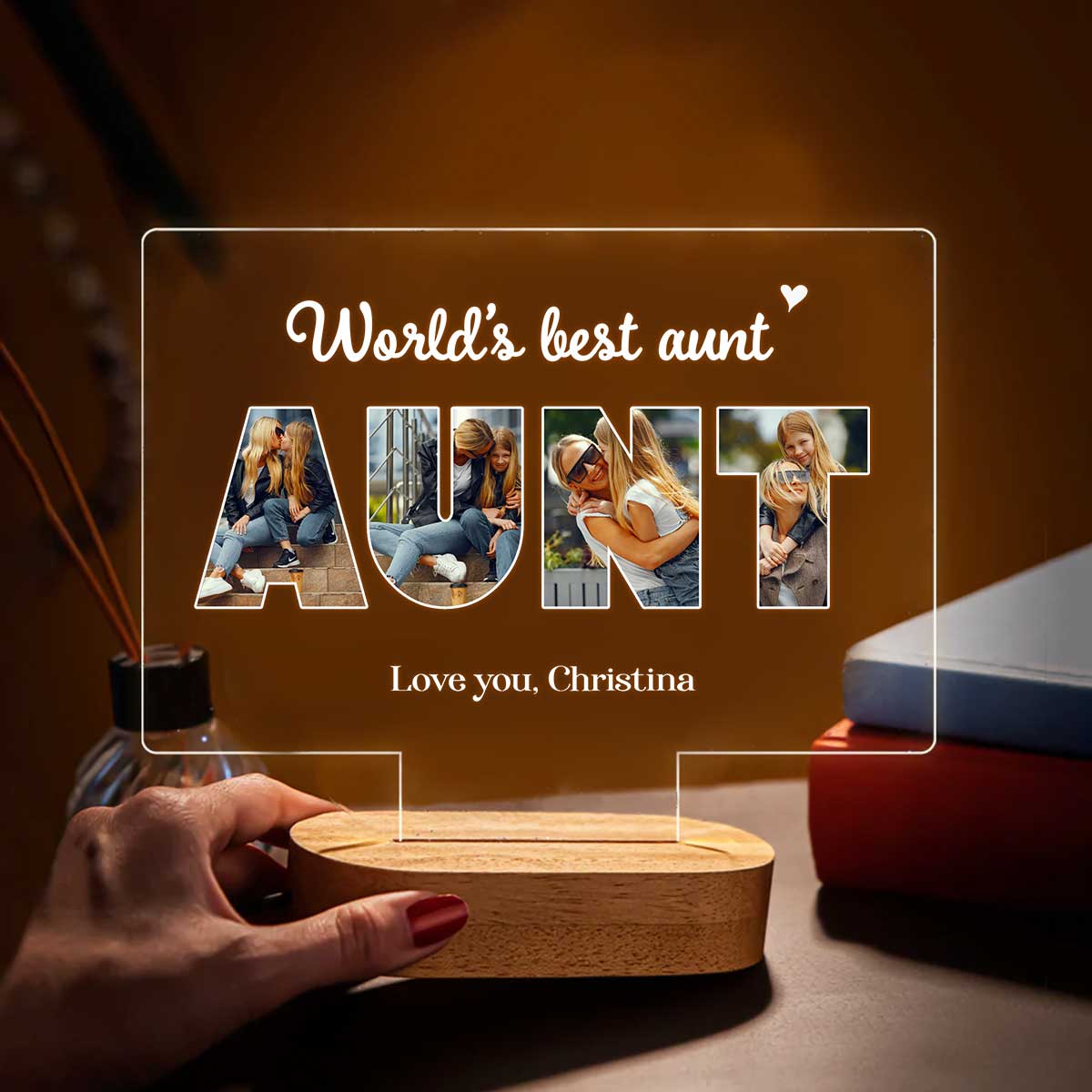 Custom Photo LED Night Light for Aunt, Unique Gift for Aunt from Kids, Personalized Auntie Keepsake Gift from Niece Nephew