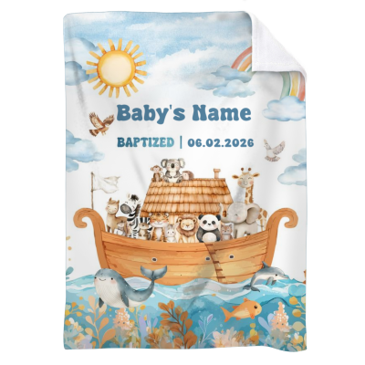 Personalized Noah's Ark Baby Blanket - Baptism Gift with custom baby name and baptism date, christening gift, faith-inspired nursery decor, soft baby keepsake blanket.