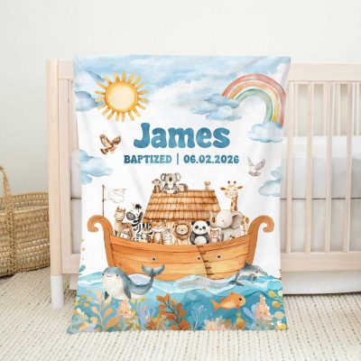 Personalized Noah's Ark Baby Blanket - Baptism Gift with custom baby name and baptism date, christening gift, faith-inspired nursery decor, soft baby keepsake blanket.
