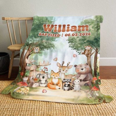 Custom Baby Baptism Blanket Safari Animals - Baptism Gift with custom baby name and date, woodland nursery decor, christening or baby shower keepsake gift.