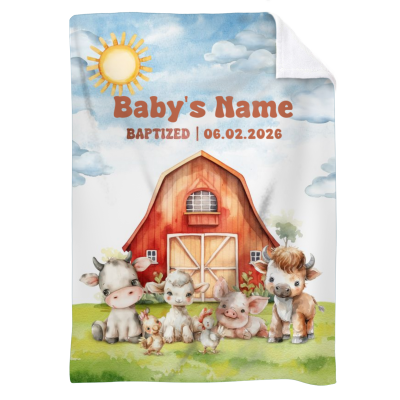 Personalized Farm Animal Baby Blanket - Baptism Gift with custom name and date, Christian baby blanket with barn and farm animals, baptism gift for baby girl or boy.