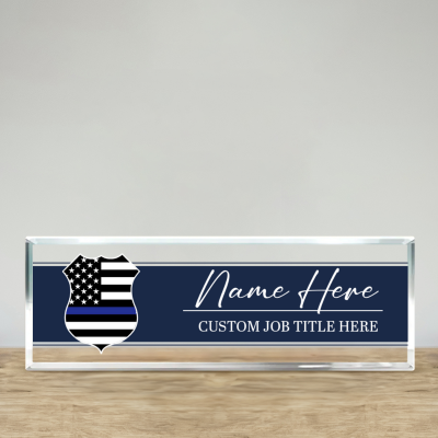 Personalized police desk name plate with custom officer name and thin blue line design on clear acrylic, law enforcement desk sign gift