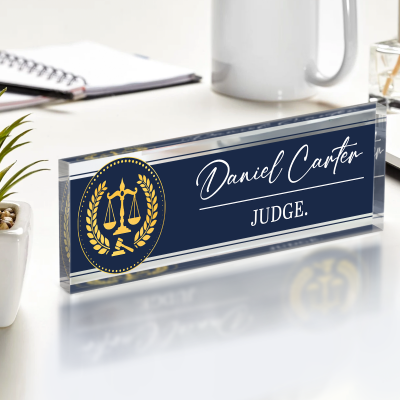 Personalized judge desk name plate with custom name and title on clear acrylic, courtroom office desk sign for judge workspace