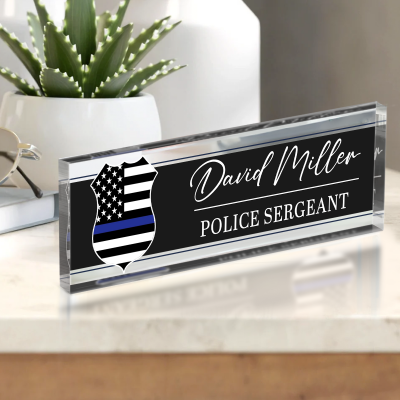 Personalized police desk name plate with custom officer name and thin blue line design on clear acrylic, law enforcement desk sign gift