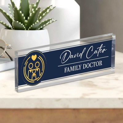 Personalized family doctor desk name plate with custom physician name on clear acrylic, medical office desk sign for clinic reception decor