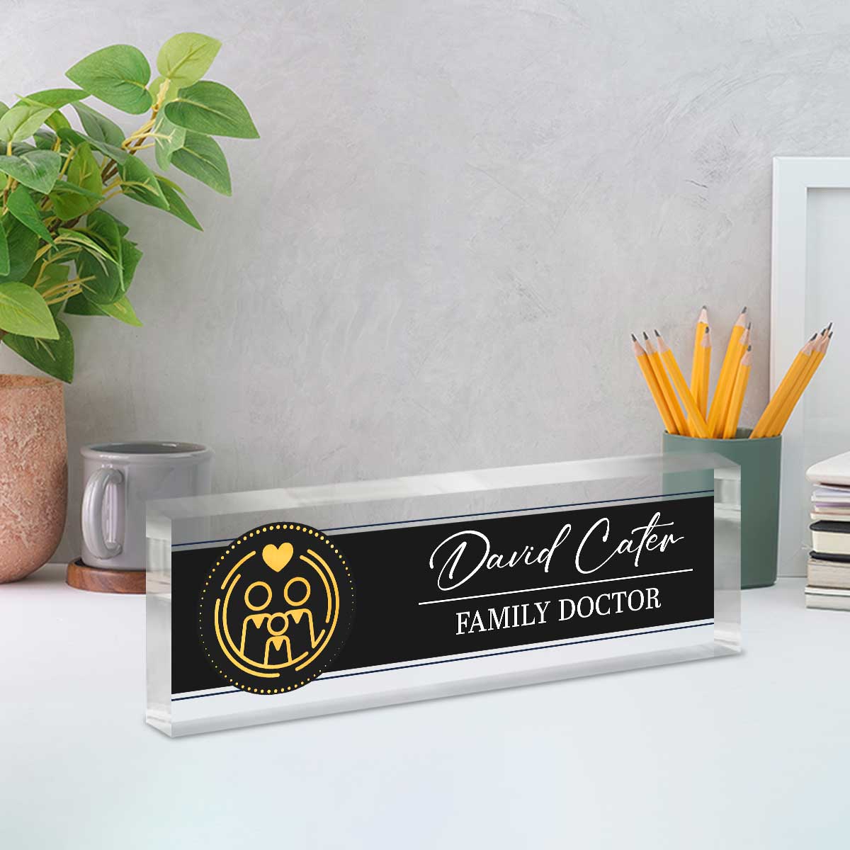 Personalized family doctor desk name plate with custom physician name on clear acrylic, medical office desk sign for clinic reception decor