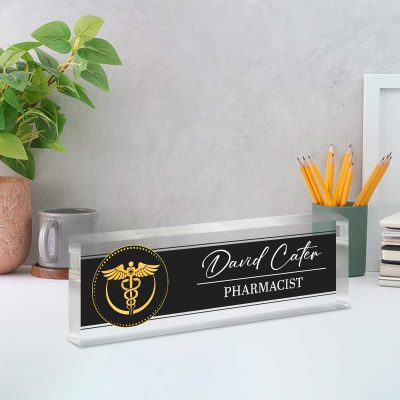 Personalized pharmacist desk name plate with custom name on clear acrylic, professional pharmacy office desk sign