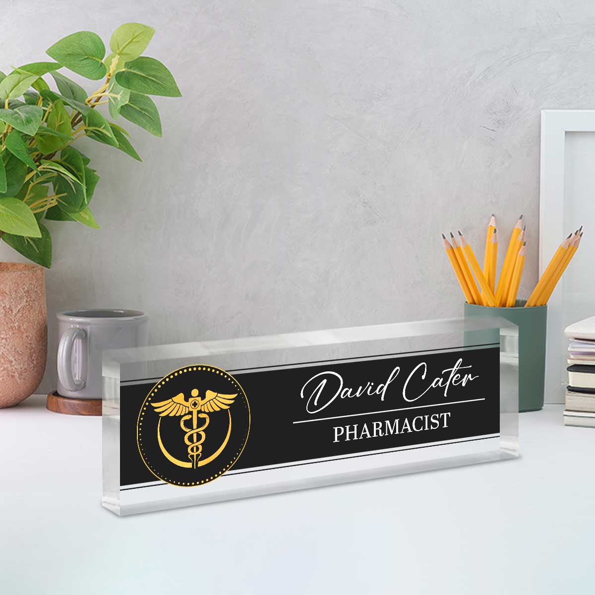 Personalized pharmacist desk name plate with custom name on clear acrylic, professional pharmacy office desk sign