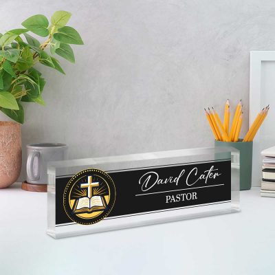 Personalized pastor desk name plate with custom church leader name on clear acrylic, religious office desk sign