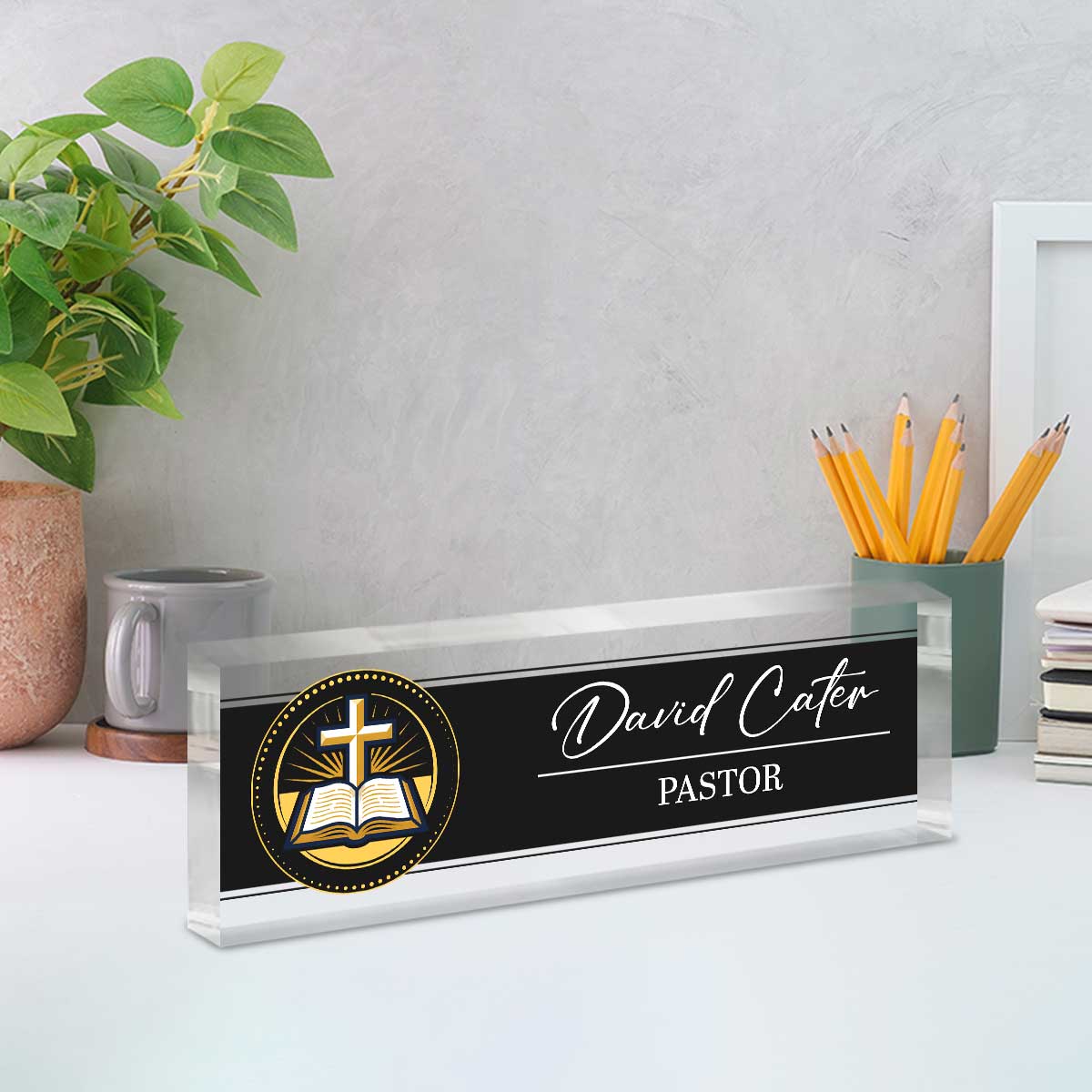 Personalized pastor desk name plate with custom church leader name on clear acrylic, religious office desk sign