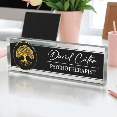 Personalized therapist desk name plate with custom counselor name and credentials on clear acrylic, therapy office desk sign