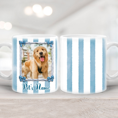 Custom Pet Photo 3D Mug - Pet Lover Gift with pet picture and name, striped design with bow frame, personalized dog photo cup gift for pet mom