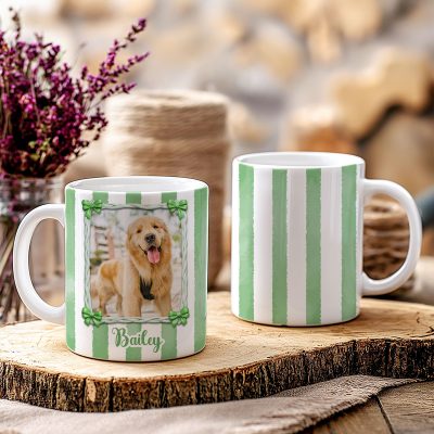 Custom Pet Photo 3D Mug - Pet Lover Gift with pet picture and name, striped design with bow frame, personalized dog photo cup gift for pet mom
