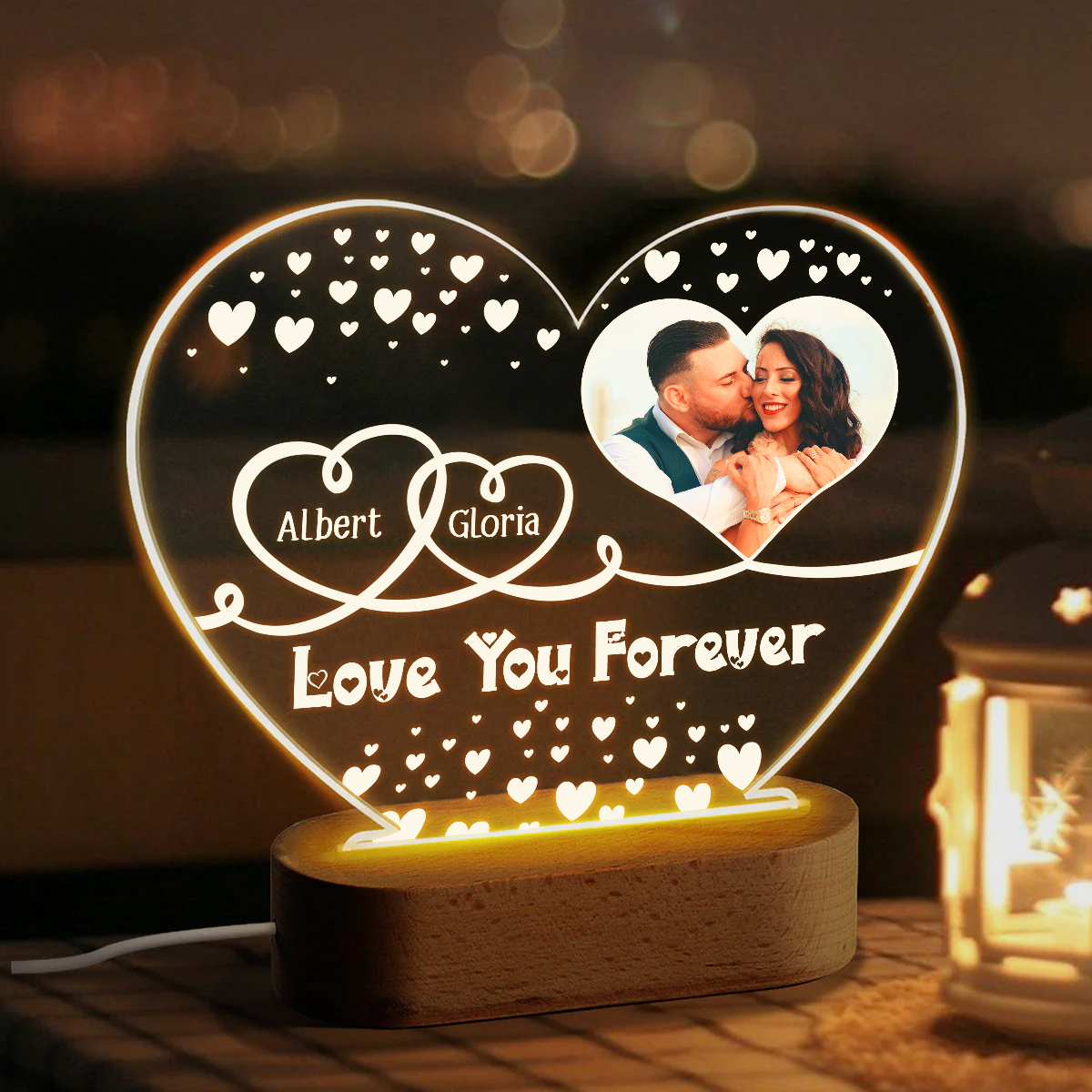 Personalized Couple Heart LED Night Light, Anniversary Gifts for Couples, Romantic Keepsake Lamp