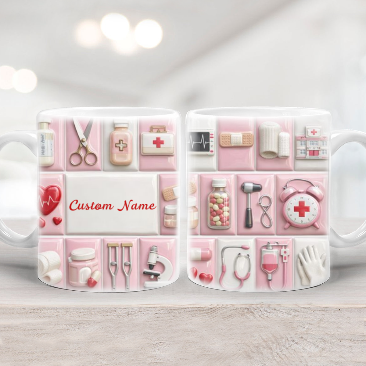 Personalized Nurse Accessories 3D Effect Mug - Nurse Gift for Her with name, pink medical icons design, custom nurse gift for her