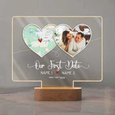 Personalized Our First Date LED Night Light, Custom Map & Photo Couple Gift, Romantic Anniversary Keepsake