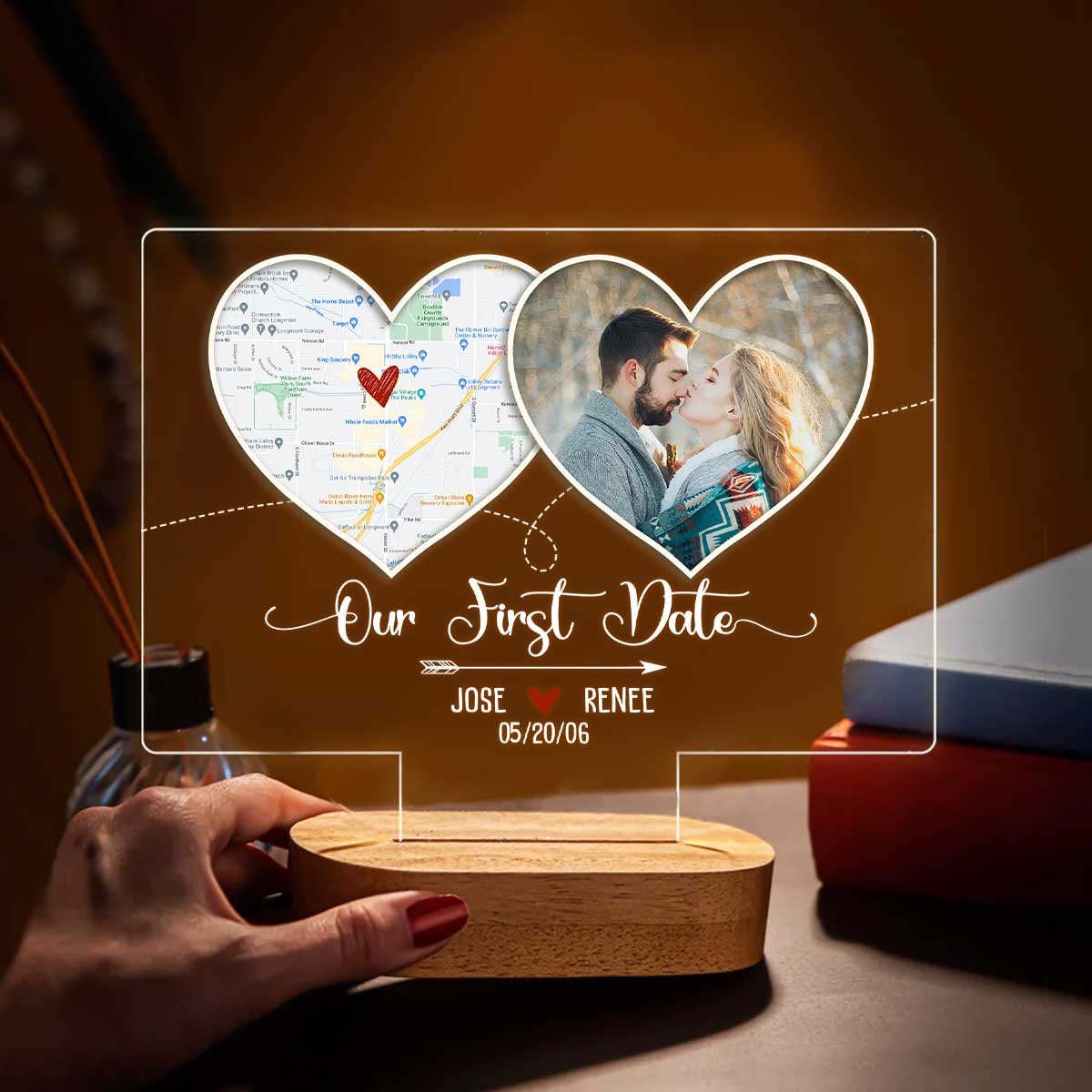 Personalized Our First Date LED Night Light, Custom Map & Photo Couple Gift, Romantic Anniversary Keepsake