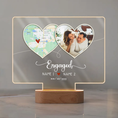 Personalized Engaged LED Night Light, Custom Map Engagement Gift, Proposal Keepsake Lamp
