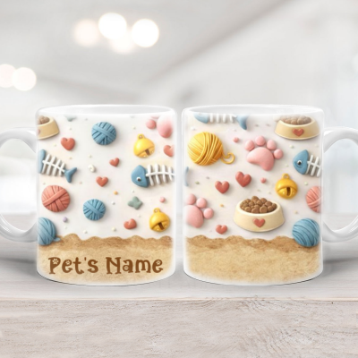 Personalized Cute Cat Mug - Pet Lover Gift with name, pastel 3D style design featuring paw prints, yarn balls, fish bones, cat food bowl and heart icons, custom cat lover gift for pet mom