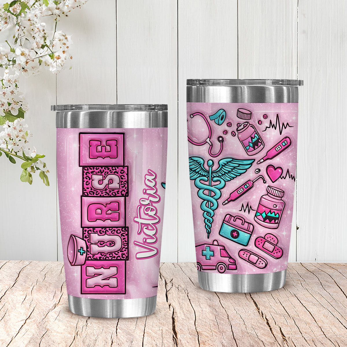 Custom Nurse Name Tumbler 3D Effect - Nurse Appreciation Gift, Custom Name Keepsake, Gift for Nurse Graduation, Pink Nurse Inflated Tumbler