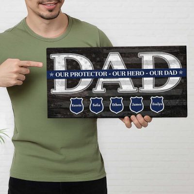 Personalized Police Officer Dad Canvas Sign – Father's Day Gift for Law Enforcement Dad - Thin Blue Line Dad Sign with Kids Names