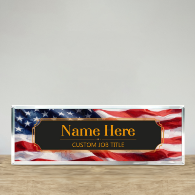 Personalized Name Plate for Desk - Patriotic Clear Acrylic Desk Plaque - USA Flag Desk Name Plate - Custom Office Gift Decor