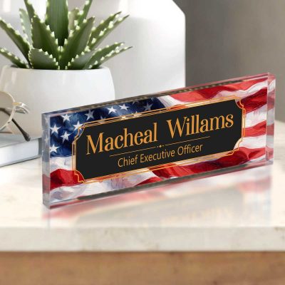 Personalized Name Plate for Desk - Patriotic Clear Acrylic Desk Plaque - USA Flag Desk Name Plate - Custom Office Gift Decor