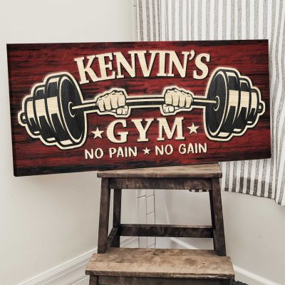 Personalized Home Gym Name Sign - Father's Day Gift for Dad Husband - Custom CrossFit Workout Room Decor - Barbell Wall Art