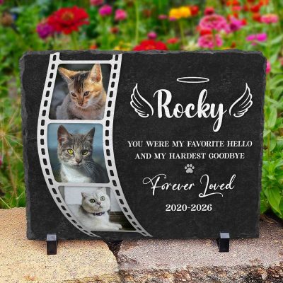 Personalized Cat Memorial Stone Plaque – Custom Photo Pet Loss Gift - Forever Loved Slate Keepsake with Stand - Cat Loss Gift