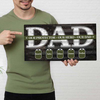 Military Dad Personalized Sign with Kids Names – Father's Day Veteran Gift - Custom Army Dog Tag Wall Art - Army Veteran Dad from Kids
