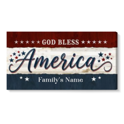 Personalized God Bless America Family Sign – Custom Family Name Patriotic Wall Decor, 4th of July Home Canvas Gift, Housewarming Patriotic Gift