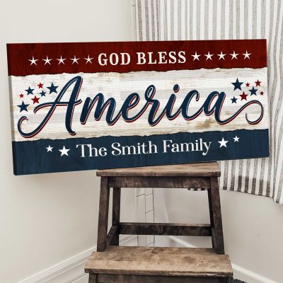 Personalized God Bless America Family Sign – Custom Family Name Patriotic Wall Decor, 4th of July Home Canvas Gift, Housewarming Patriotic Gift