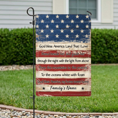 Personalized American Flag Garden, Custom Family Name Vintage Patriotic Outdoor Decor, God Bless America Lyrics Flag, 4th of July Gift