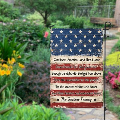 Personalized American Flag Garden, Custom Family Name Vintage Patriotic Outdoor Decor, God Bless America Lyrics Flag, 4th of July Gift