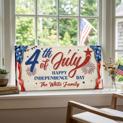 Personalized 4th Of July Canvas Sign - Happy Independence Day Art Print - Custom Family Name Wall Decor - Housewarming Patriotic Decor Gift