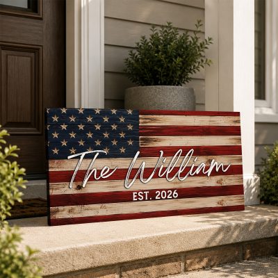 Personalized Family Name American Flag Sign – Custom Last Name Rustic Patriotic Decor, Patriotic Housewarming 4th of July Gift, Wedding Gift