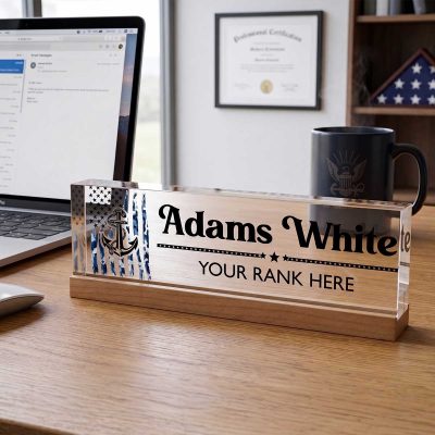 Personalized Navy Desk Name Plate – Custom Name Rank Acrylic Military Desk Sign, Navy Retirement Promotion Gift, US Navy Desk Decor