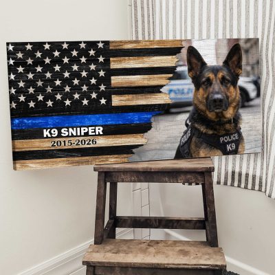 Personalized Police K9 Dog Memorial Canvas – Custom Photo Name & Dates Thin Blue Line Wall Art – End of Watch Tribute Gift