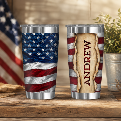 Personalized American Flag Tumbler 20oz - Custom Name Patriotic Travel Cup - 4th of July Veterans Day Gift for Him - Veteran Birthday Gift
