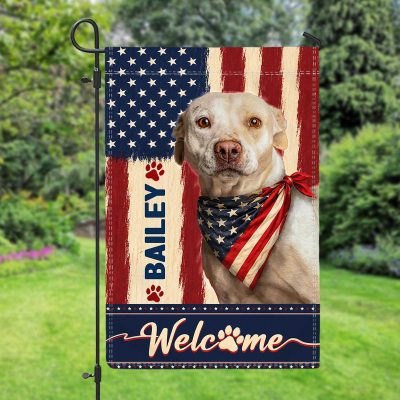 Personalized Dog Garden Flag – Pet Patriotic Outdoor Decor – 4th of July Gift for Dog Lover 3 Personalized Dog Photo Garden Flag – Custom Pet Name Patriotic Welcome Outdoor Banner – 4th of July Dog Lover Gift