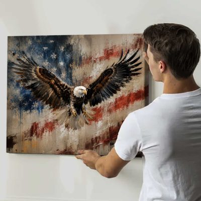 Bald Eagle American Flag Canvas Print, Patriotic Rustic Wall Art, Independence Day 250th Anniversary Gift