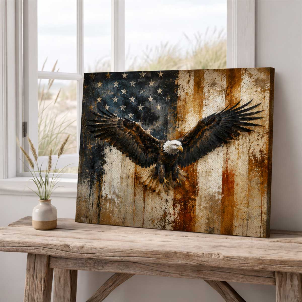 bald-eagle-canvas-print-american-flag-patriotic-wall-art-on-the-table Bald Eagle Canvas Print, Rustic American Flag Patriotic Wall Art, 4th of July Decor, 250th Anniversary Gift